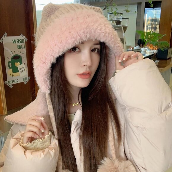 Women pink 2 Winter Sherpa Beanie Hats Knit Ear Flaps Peruvian Cover Ears